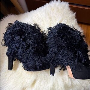 Brian Atwood Black Suede Fringe Heeled Boots